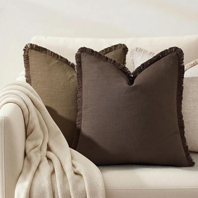 decorUhome Summer Decorative Neutral Linen Fringe Euro Sham Throw Pillow Covers Set of 2 Chocolate Pillow Covers with Tassels Soft Farmhouse Boho Accent Pillow Cases for Couch Bed Sofa 24x24 Inch