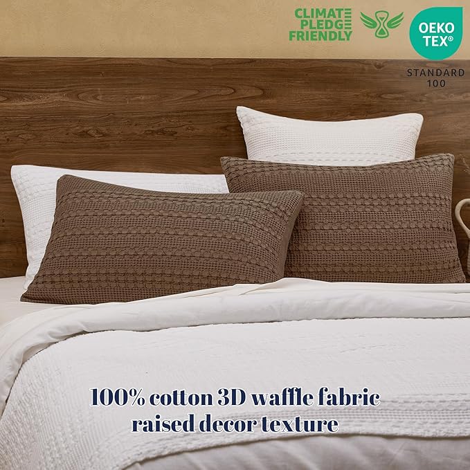 PHF 100% Cotton Waffle Pillow Shams Queen Size, 2 Pack 20" x 30" Soft Skin-Friendly Pillowcases, No Filling, Aesthetic Woven and Breathable Waffle Weave Pillow Case Covers for Bed, Chocolate