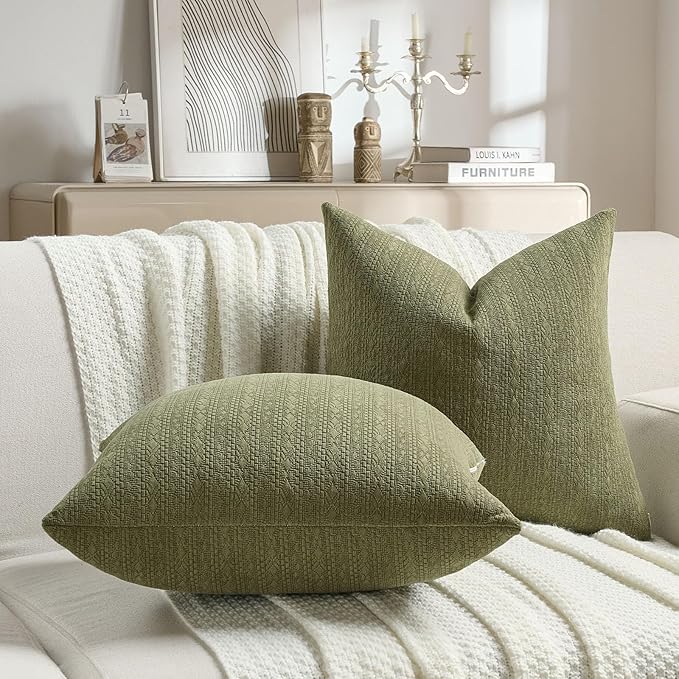 FUTEI Moss Green Chenille Throw Pillow Covers 24x24 Inch Set of 2,Soft Striped & Diamond Textured European Cushion Cases,Modern Home Decor for Couch Living Room