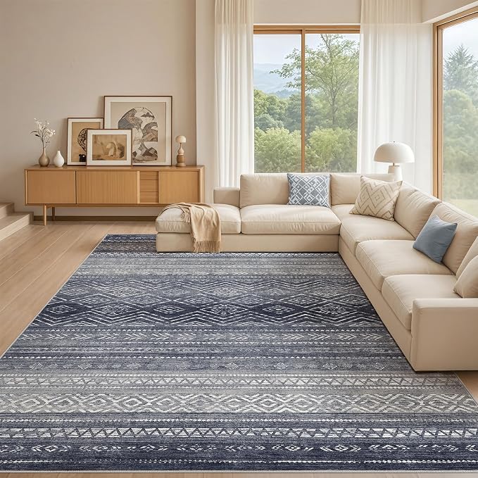 Tortania Area Rug Living Room Rugs- 10x14 Washable Large Soft Neutral Boho Moroccan Bohemian Farmhouse Rug Indoor Floor Carpet for Bedroom Under Dining Table Home Office Decor - Blue Gray