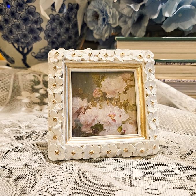 SYLVIA'S SHOP 3x3 Small Vintage Picture Frame, Mini Antique White Ornate Square Photo Frame, for Tabletop and Wall Display, Decorative Floral Design Retro Home Decor, Photo Gallery Art
