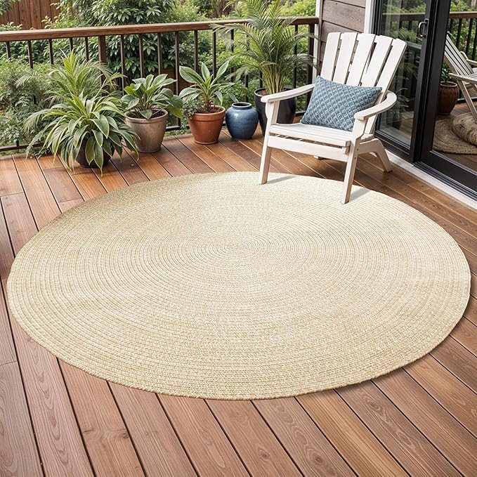 Superior Indoor/Outdoor Area Rug, Dual-Tone Reversible Braided Floor Decor for Patio, Front Porch, Entryway, Living Room, Office, Nursery, Artistic Home, 6' Round, Cream-White