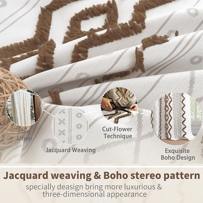 BGment Taupe Boho Linen Curtains with Tufted Pom Stripe Geometric, Jacquard Pattern Drapes with Grommet for Bedroom Living Room, 52 X 96 Inch, 2 Panels Set