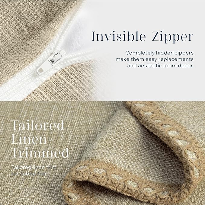 Phantoscope Pack of 2 Farmhouse Decorative Solid Throw Decorative Pillow Cover Burlap Linen Trimmed Tailored Edges, Oatmeal 20 x 20 inches, 50 x 50 cm