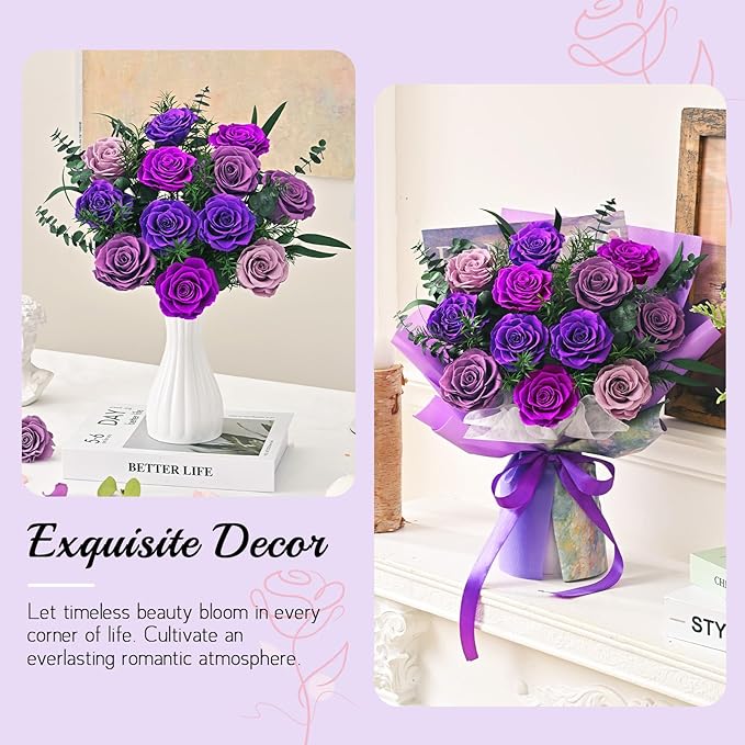 Flowers for Delivery Prime 12 Roses, Mothers Day Flowers for Mom, Mothers Day Gifts, Forever Roses Preserved Purple Flower Bouquet Eternal Rose Birthday Gifts for Women Gf Gifts Wedding Anniversary