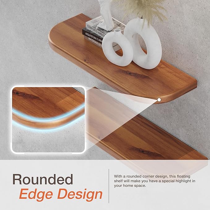 BATODA 17" Acacia Wood Floating Shelves Wall Mounted (Round Edge) – Rustic Farmhouse Wooden Wall Storage Shelf for Bedroom, Kitchen - Brackets and Shelving Hardware Included (Acacia Color)