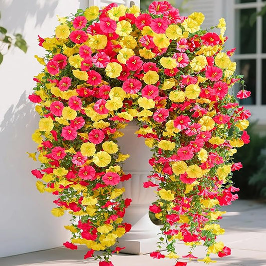 Serwalin Artificial Hanging Flowers for Outdoors UV Resistant, 8PCS Faux Morning Glory Fake Outdoor Flowers Realistic Silk Flower Faux Plants for Outside Planter Front Door Porch Patio Yard Decor