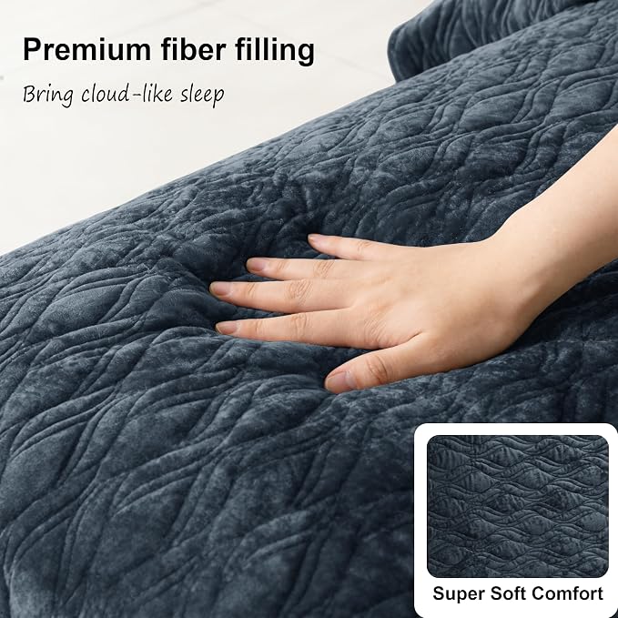 Velvet Quilt Set Full Queen Size 90x98 Bedspread Soft Bedding Set 3 Pieces Neutral Luxury Comforter with 2 Pillow Shams 20x26 All Season for Bedroom Home Decor,Blue Gray