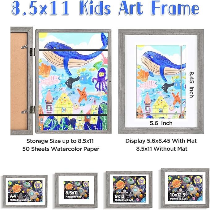 KINLINK 8.5x11 Kids Art Frame Set of 2, Solid Wood Kids Artwork Frames Changeable with Front Opening Hold 150 Pictures, Art Frames for Kids Art with Mat，without Mat 8.5x11 Picture Frame Grey