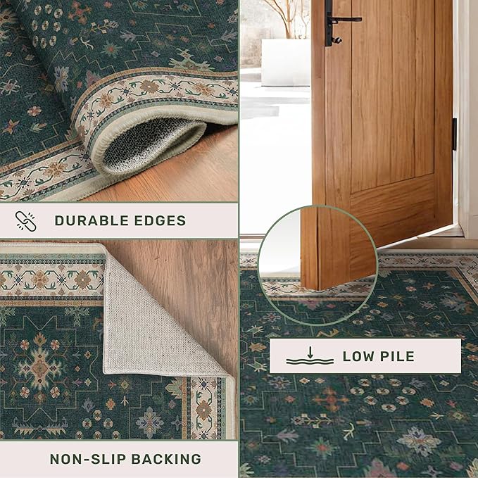 Hazo Haus Dark Green Vintage Living Room Rug 9x12 - Boho Unique Floral Victorian Decor, Washable Low Pile Non-Slip Extra Large Area Rugs for Dining Under Table Bedroom