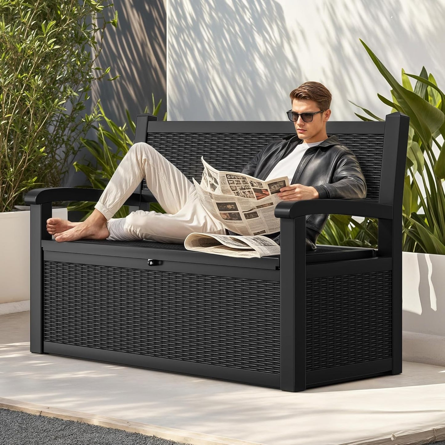 YITAHOME 70 Gallon Deck Bench with Storage, Outdoor Storage Box Bench with Armrests for Patio Garden Pool Porch, Waterproof&Lockable, Black