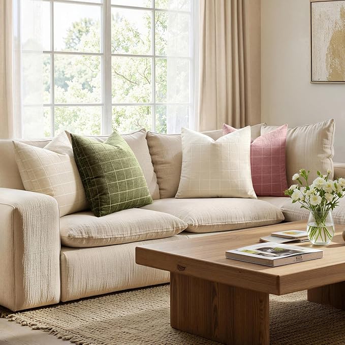 MIULEE Decorative Chenille Check Throw Pillow Covers Vintage Plaid Couch Pillows 18x18 Inch Set of 2 Neutral Boho Farmhouse Cushion Covers Modern Home Decor for Sofa Bed Living Room Olive Green