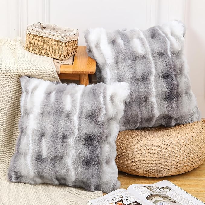 MADIZZ Pack of 2 Thick Plush Faux Wool Throw Pillow Covers Soft Boho Throw Pillows Luxurious Cushion Covers for Couch Sofa Bedroom Living Room Home Decor 16x16 Inch White Grey