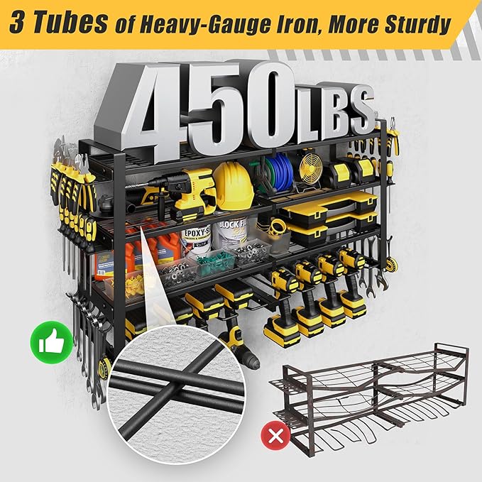 Jusgym Power Tool Organizer Wall Mount |450lbs Garage Storage Rack with 8 Cordless Drill Holder |4-Tier 32''W Heavy Duty Tool Storage Rack for Garage Organization |Gift for Men