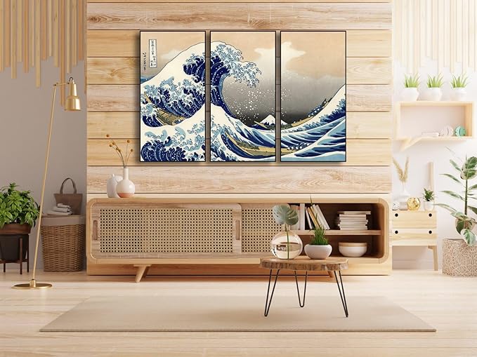 Wieco Art Large Black Aluminum Framed Art 3 Panel Great Wave of Kanagawa Katsushika Hokusai Canvas Prints Wall Art Abstract Seascape Paintings for Living Room Home Decorations