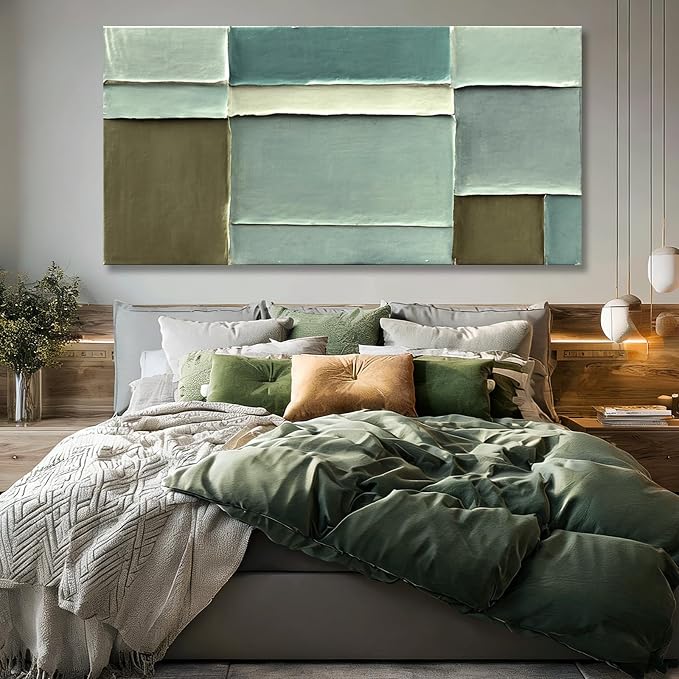 Hue7Art Modern Abstract Green Canvas Wall Art Soft Neutral Color Hand Painting Block Design Minimalist Artwork for Living Room Bedroom Office Contemporary Decor 29x58 Inch
