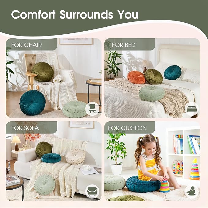 ROSE&RISY Round Pleated Velvet Throw Pillow, 1 Pack Decorative Accent Pumpkin Pillow Cushion for Couch Sofa Bed, Soft Plush Retro Vanity Throw Pillow for Home Decor, 14.5 Inch, Sage Green