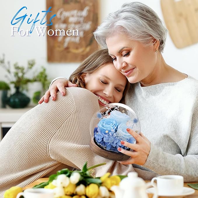 FIACO Gifts for Mom Mother Day Preserved Flowers in Glass Dome Long-Lasting Eternal Roses Birthday Gifts for Women Grandma Wife Girlfriend Her Girlfriend Forever Flowers for Delivery Prime Blue