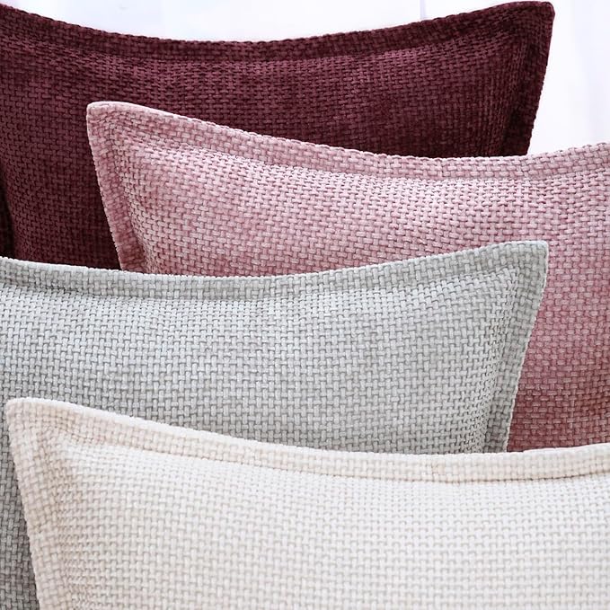 MADIZZ Decorative Chenille Velvet Throw Pillow Covers Set of 2 Soft Boho Textured Neutral Couch Throw Pillow for Bed Modern Farmhouse Home Decor for Sofa Livingroom Burgundy 12x20 Inch
