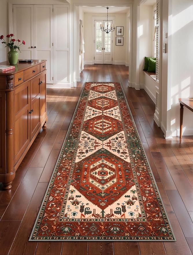 SERISSA Runner Rug for Hallways, 2'6"x12' Washable Non Slip Kitchen Runner Rug, Extra Long Boho Rug Ultra Soft Vintage Terracotta Green Floor Carpet for Bedroom Hallway Entryway Laundry Room