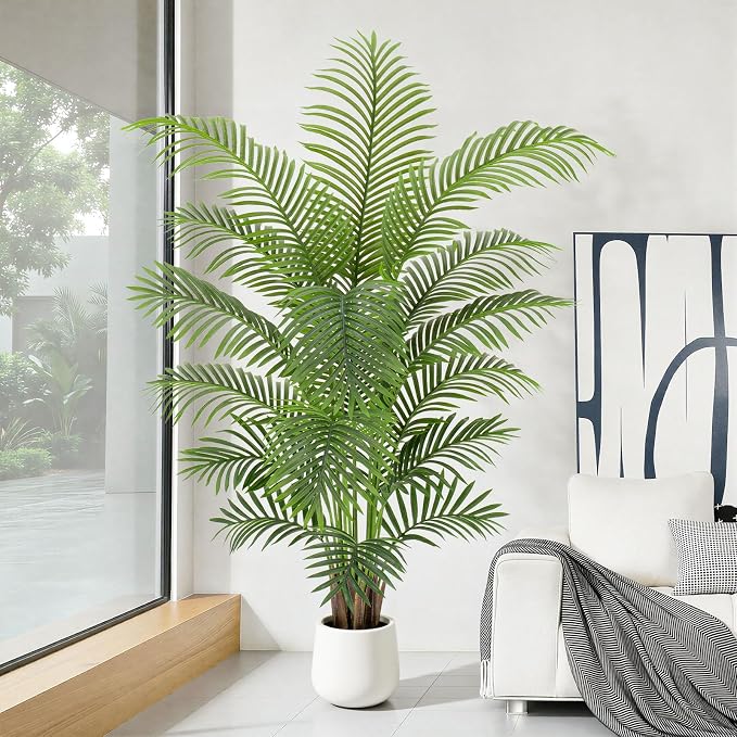 6ft Artificial Palm Tree Tall Faux Palm Tree Indoor Large Fake Plants with 18 Trunks Artificial Plants with White Pot Lifelike Leaves for Home Office Decor Living Rooms Bedrooms