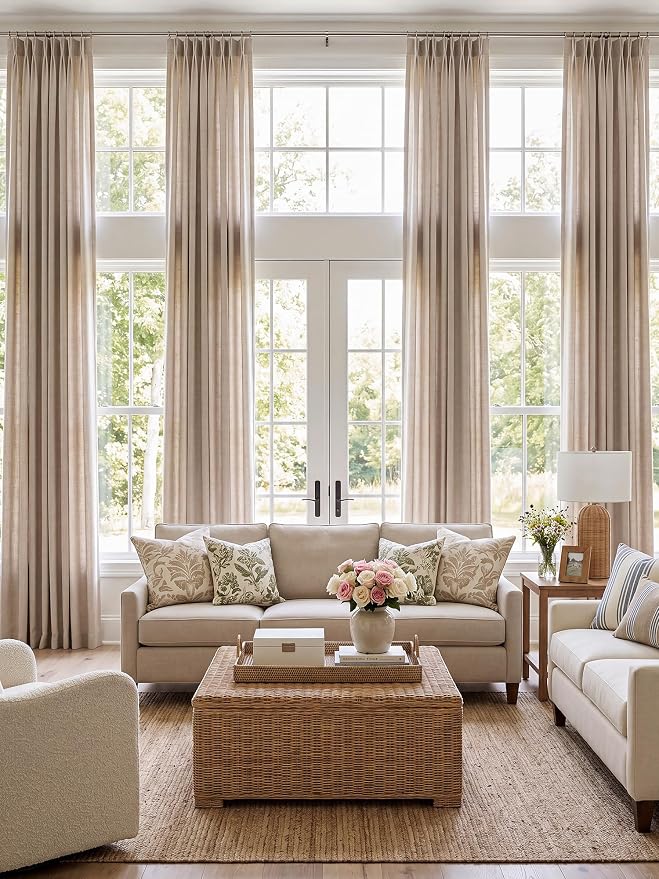 THREE GIRLS Liz Pinch Pleated Linen Curtains Light Filtering Curtains for Living Room, Farmhouse Window Curtains for Bedroom, Modern Drapes with Hooks and Rings, 90 Inches Long, Tapioca, 2 Panels Set