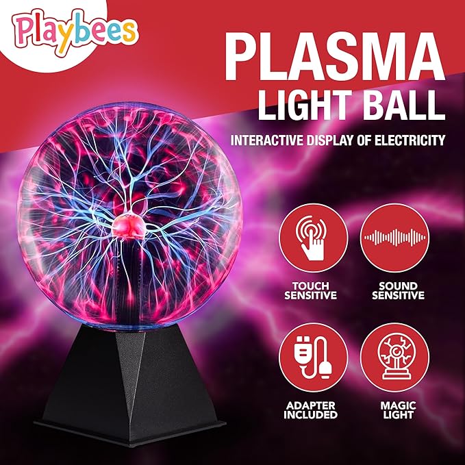 Playbees Red Plasma Ball - 7 Inch - Tesla Coil Bulb Static Electricity in a Vacuum Pressurized Glass Globe, Nebula Thunder Lightning, Plug-in - for Parties, Decorations, Prop, STEM