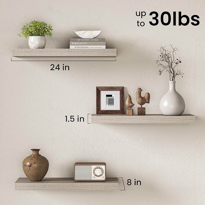 24" Floating Shelves for Wall, Set of 3, 8" Deep, 1.5" Thick, Gray | Rustic Wood Wall Shelves with Invisible Brackets, Storage and Display for Bathroom, Bedroom, Living Room or Kitchen