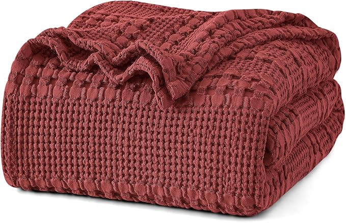 PHF 100% Cotton Waffle Blanket Twin Size for College Dorm, Lightweight Breathable and Soft for Summer, Luxury Aesthetic Waffle Weave Blanket for Bed & Gifts for Women, 66"x90", Wine Red