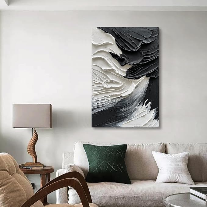 36x24 inch Hand-Painted White and Black Abstract Art Modern Home Office Wall Decorative Art