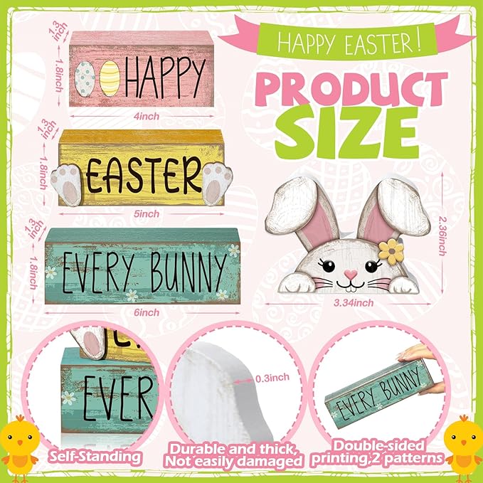 Moucuny 4 Pcs Easter Table Decorations Bunny Tiered Tray Decor Wooden Bunny Block Signs for Family Gatherings, Reusable Happy Easter Centerpiece for Kitchen, Home Shelf, Office & Spring Party Tables