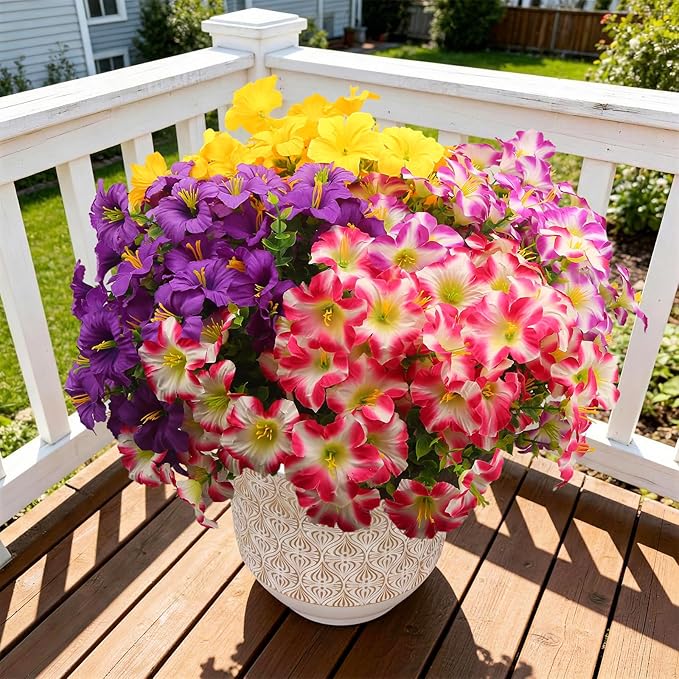 Artificial Flowers for Outdoors Fake Plants Outside, 16 Bundles Silk Morning Glory with Eucalyptus, UV Resistant Realistic Faux Flowers for Planters Porch Patio Garden Balcony Decor (4 Color)