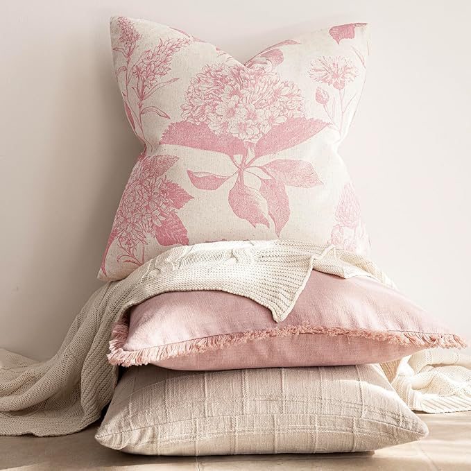 Foindtower Set of 2 Linen Floral Throw Pillow Covers Neutral Vintage Print Decorative Cozy Cushion Covers Farmhouse Boho Home Decor for Sofa Chair Couch Bedroom Living Room,20×20 Inch,Light Pink