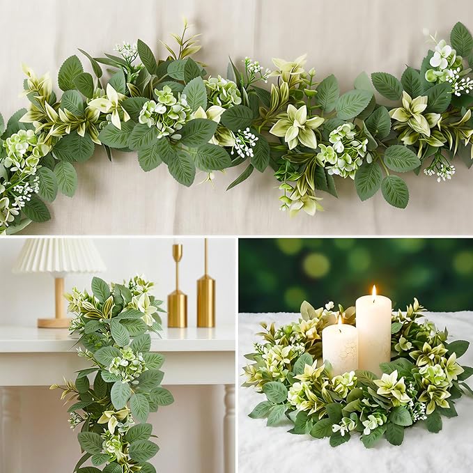 2Pcs 6FT Artificial Eucalyptus Garland with Flowers, Fake Greenery Vines Spring Ivy Leaves for Wedding Backdrop Arch, Table Centerpieces, Party, Home Room Party Indoor Outdoor Spring Decor