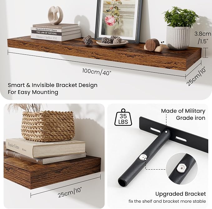 Fun Memories Floating Shelves Set of 2, 40 Inch Long Wooden Wall Shelves, 10 Inch Deep Wall Mounted Storage Shelf with Metal Brackets for Living Room, Bathroom, Bedroom and Kitchen, Rustic Brown