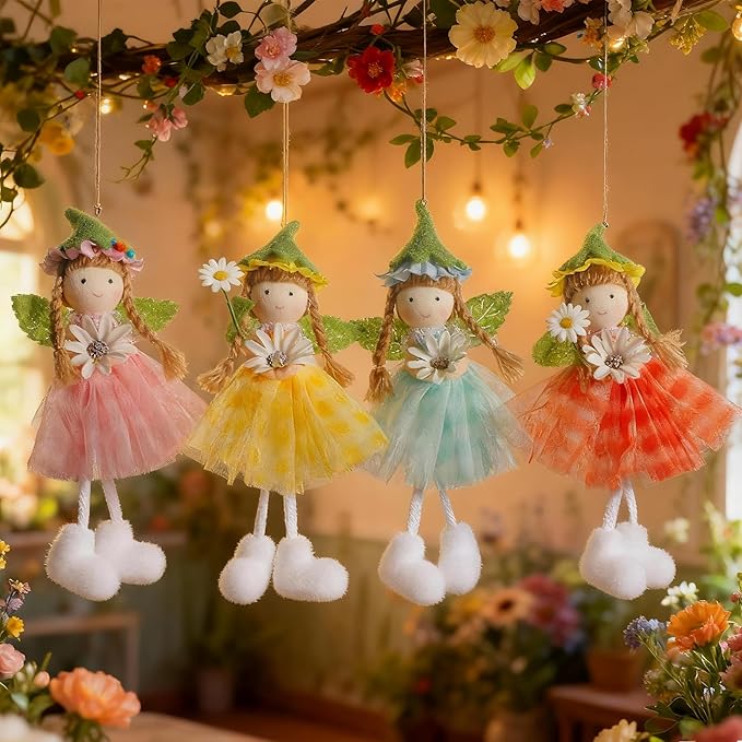 Eimilaly Four-Color Daisy Sprites Ornaments Spring Gnome for Home Decorations, Tomte Gnomes Set Ornaments for Garden or Rustic Theme Party Gnome Decor - 4PCS