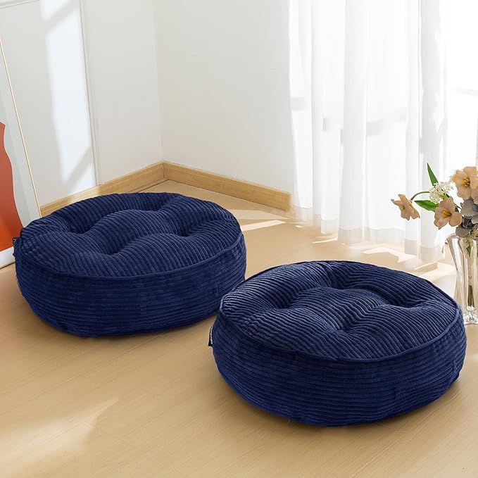 HIGOGOGO 6" Extra Thick Floor Pillow Cushion for Adults, Meditation Cushion Pillow, Large Round Floor Sitting, Tufted Corduroy Cover, for Tatami Living Room or Yoga, 22x22 Inch, 2Pack, Navy