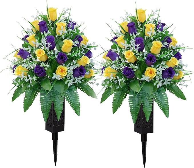 LVXINLI Artificial Cemetery Flowers, Gravesite Decoration Roses, Memorial Bouquets with Cemetery Vase, Vibrant and Long-Lasting Colors （ Yellow+Purple, 2 Bundles