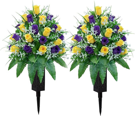LVXINLI Artificial Cemetery Flowers, Gravesite Decoration Roses, Memorial Bouquets with Cemetery Vase, Vibrant and Long-Lasting Colors （ Yellow+Purple, 2 Bundles