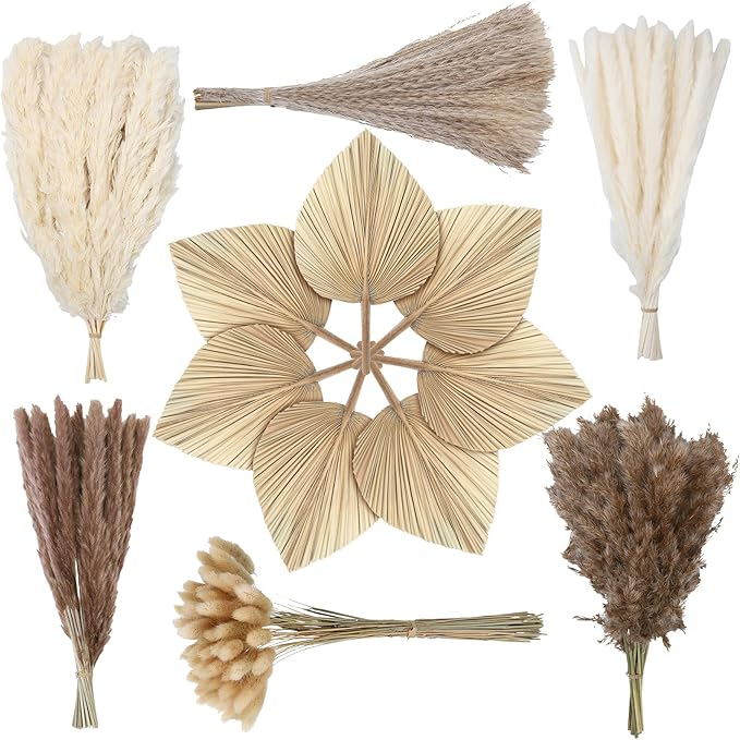 202 Pcs Boho Dried Pampas Grass Decor Bulk, Large Dried Palm Spears Bunny Tails Pampas Reed Grass Dried Palm Leaves Dried Flower Bouquet Boho Centerpieces for Wedding Home Tables Decor