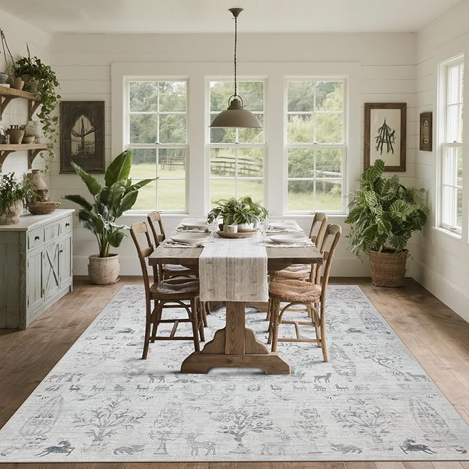 Srugn Washable Rugs 8x10 Area Rugs for Living Room,Bedroom,Dining Room- Large Ultra Soft Faux Wool Retro Carpet,Non Slip&Non-Shedding Low Pile Vintage Rug for Home Office Dorm Playroom-Tree Gray