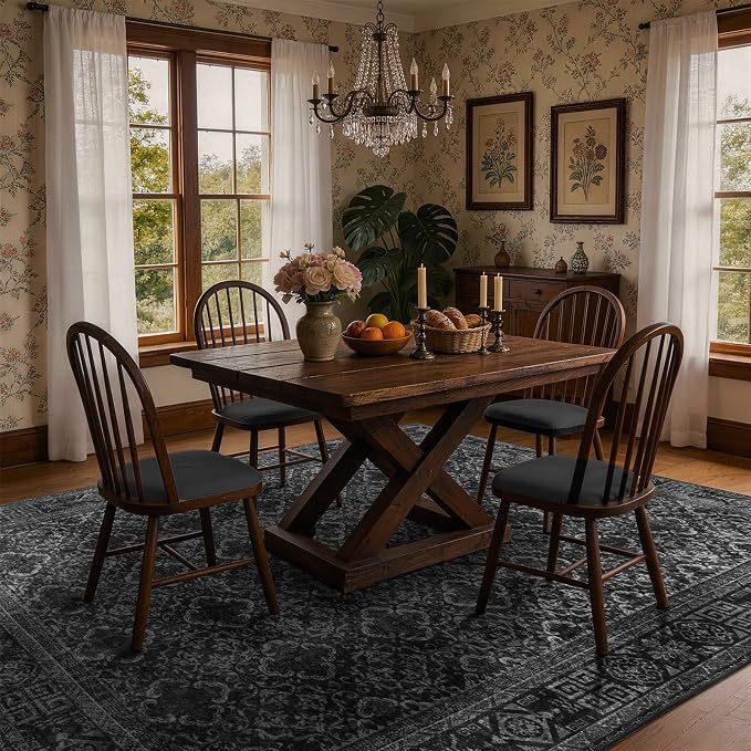 LIANLAM 6x9 Washable Area Rug, Vintage Boho Traditional Pattern, Non-Slip Stain Resistant Rug for Living Room Bedroom(6x9,Black/Boho)