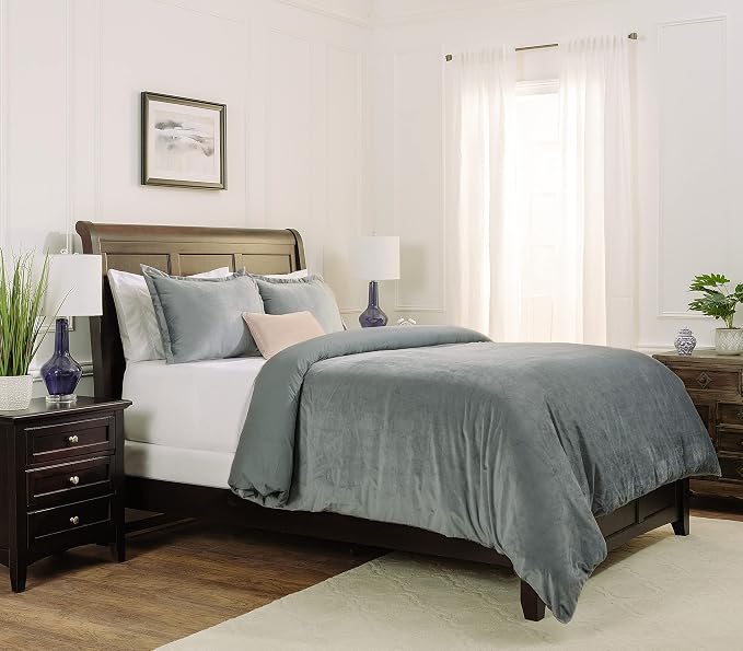 Chanasya Premium Velour Velvet Duvet Cover Set - Duvet Cover (68” x 90”) & 1 Pillow Sham (20” x 26”) - 2-Piece Set - Gray Blue, Twin Size