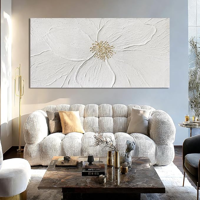 Elegant Floral Abstract Wall Art, Hand Painted Textured Canvas in Soft Ivory and Warm Neutral Tones with Subtle Gold Detail, Modern Wall Decor for Living Room or Bedroom, Ready to Hang, 24×48 Inch