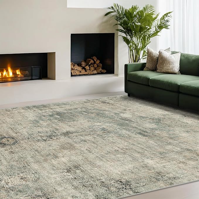 Hazo Haus Tan and Moss Rugs for Dining Room - Neutral Abstract Faded Patterned Accent Rug 5x8 for Living Room, Home Office, Bedroom Foldable Soft Washable