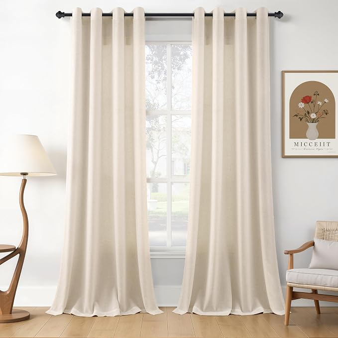 Cream Beige Linen Curtains 90 Inches Length for Living Room Grommet Top Sheer Light Filtering Natural Country Rustic Farmhouse Bedroom Window Curtain 2 Panels Soft Textured Drapes for Office 52x90
