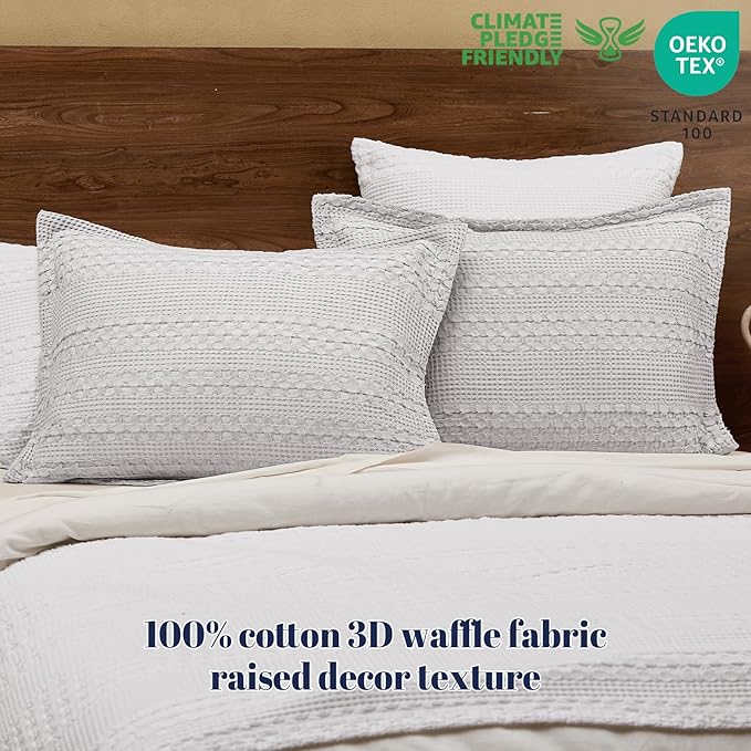 PHF 100% Cotton Ruffle Waffle Pillow Shams King Size, 2 Pack 20" x 36" Soft Skin-Friendly Pillowcases, No Filling, Aesthetic Home Decor, Breathable Waffle Weave Bed Pillow Covers, Light Grey