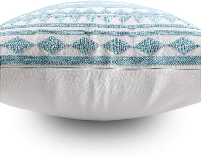 Embroidery Throw Pillow Cover 18x18 Home Décor Light Blue Geometric Cushion Cover Diamond Triangle Pillow Case Teal Floor Pillow Cover for Couch Sofa Chair 100% Cotton 45x45cm, 1 Piece
