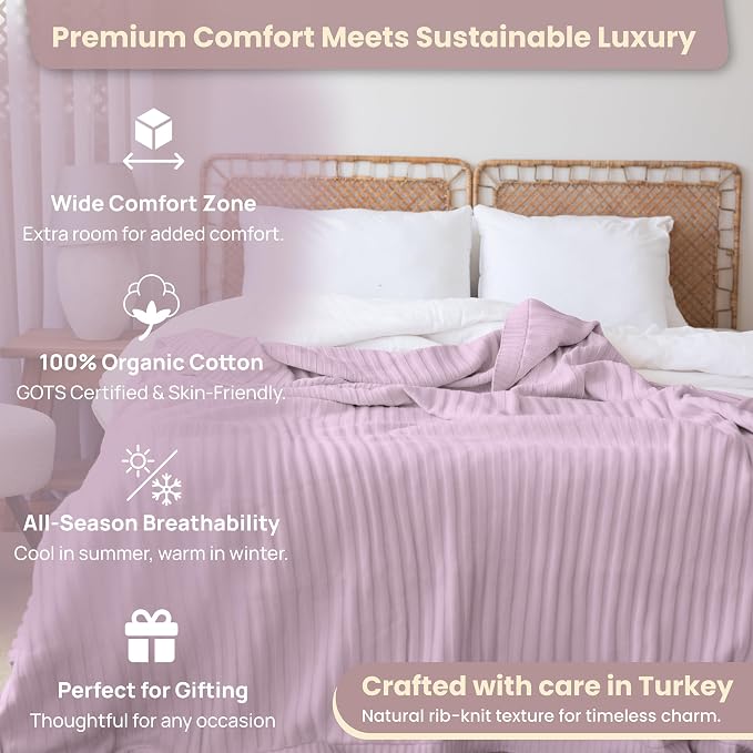 Dalisa 100% Organic Cotton Knit Blanket Denise -Soft and Lightweight, Breathable All-Season Throw for Bed, Sofa, or Lounge Area -Perfect for Home and Bedroom Styling (Lavender Frost, 80x90)