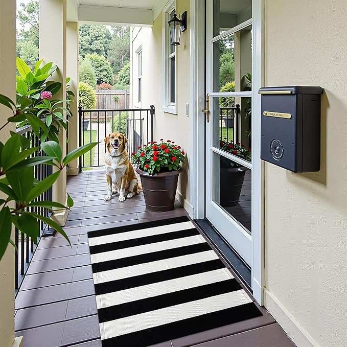OLANLY Black and White Striped Rug 2'4" x 3'7" (27.5" x 43") – Washable Cotton Indoor Outdoor Doormat for Front Door, Entryway, Kitchen, Porch, Patio Decor